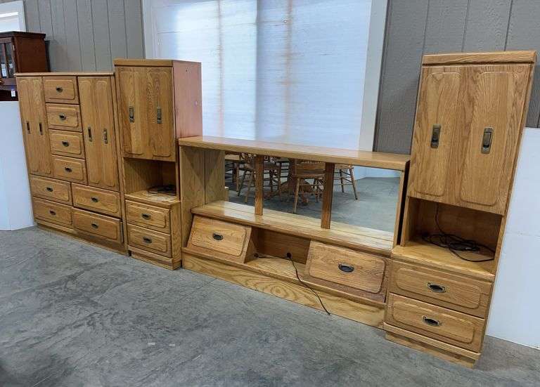 3-Piece Queen Size Headboard and Armoire Set: Includes Metal Bed Frame and Right-Side Nightstand; Headboard has (2) Drawers; Storage Area; (2) Sliders; and Lights; Armoire has (8) Drawers and (2) Storage Areas