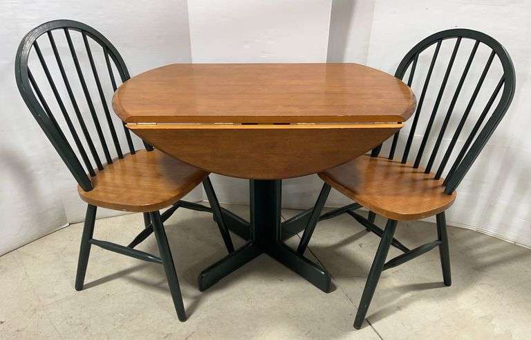 Drop-Leaf Table with (2) Chairs, 40" Round with Sides Extended, Leaves Fold Down for Smaller Spaces, Includes 2 Matching Chairs, Good with Normal Wear