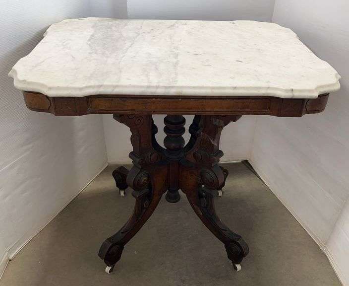 Ornate Wood Marble Top Table with Original Wheels: Zillig Tag on Base