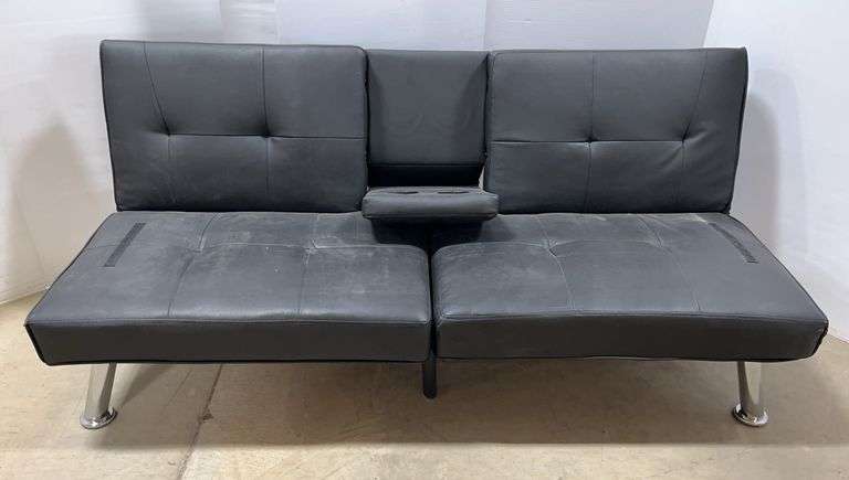 Black modern futon, 66"W, some edge wear, good, needs to be cleaned