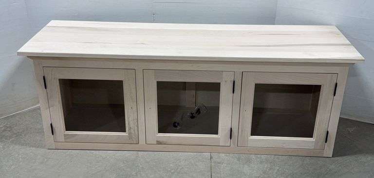 New Unfinished Maple TV Stand with 3 Doors (No Glass), 3 Knobs Included, Comes with 2 LED Lights That Can Be Mounted Inside