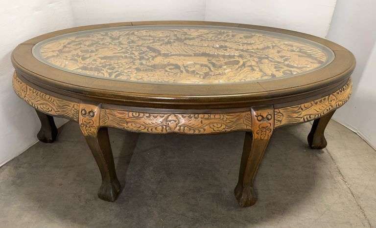 Ornate Coffee Table: Hand-Carved Look Under Glass with Asian People and Animals; (6) Legs