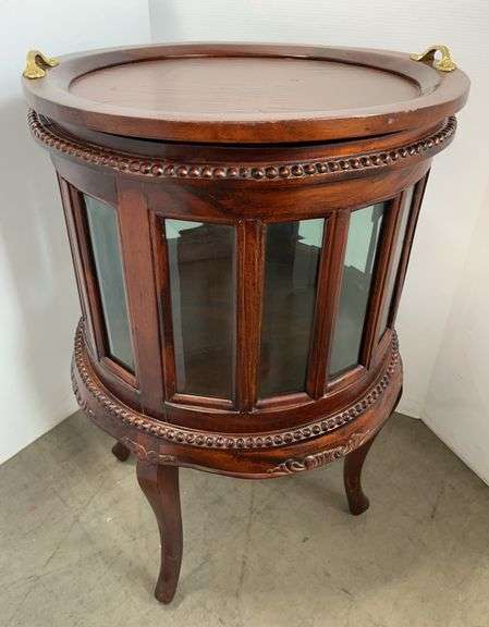 Dark Wood Mahogany Glass Round Table and Curio China Display Cabinet Liquor Cabinet