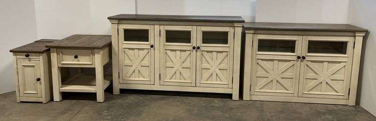 (4) Piece furniture set, includes: 1- Sofa table, 49"W x 18"D x 36"H, 1- Entertainment cabinet, 60"W x 18"D x 33"H, 1- End table with charger capability, 24"W x 14"D x 33"H, 1- End table, 27"W x 24"D x 25"H