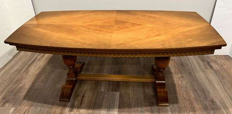 1970s Pedestal table with geometric veneer inlay and extendable side leaves, 62"W x 30 1/2"D x 25"H, good, light wear
