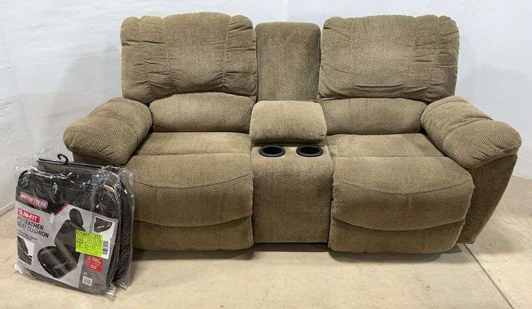 Reclining loveseat, 76"W; Set of automotive seat covers, new, good