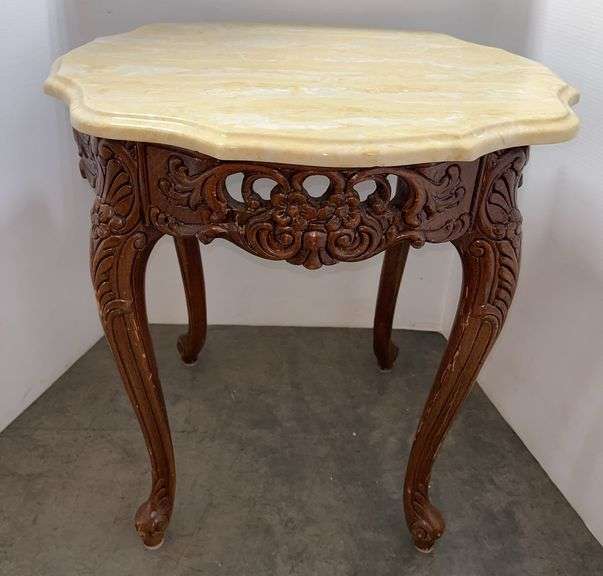 American French Style Marble Top Ornate Carved Accent End Table