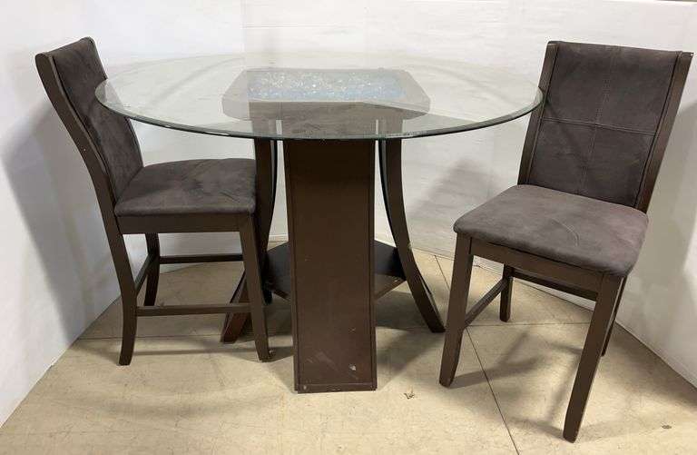 Glass top table with (2) Chairs and fire glass display, glass has scratches from stones, table- 54"Dia x 36 1/2"H