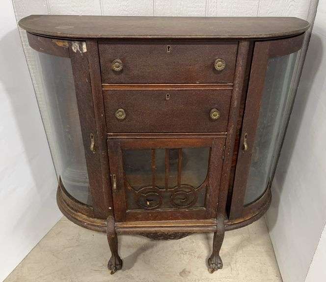 Antique china cabinet, 39 1/2"W x 16"D x 39"H, curved glass and side shelves, no cracks