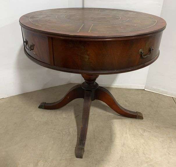 Antique leather top mahogany drum table, 32"Dia x 29"H, nice, wear