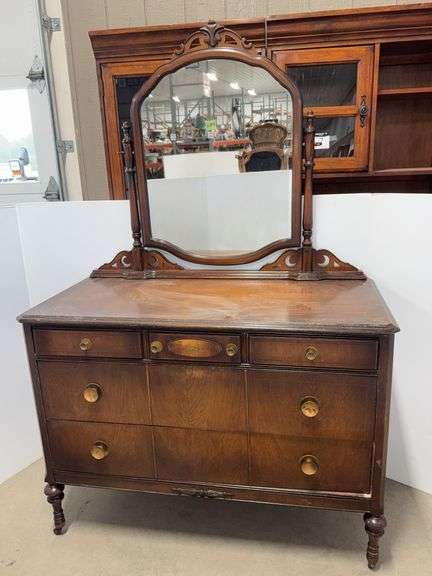 Dresser with movable mirror, 48"W x 35"H, three small drawers, two larger drawers, finish loss, scratches