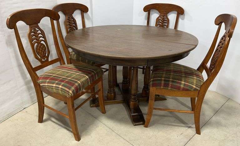 Table and (4) Chairs, table- 48"Dia x 30"H, chairs- 18"W x 18"D x 38"H at back, top of table has has wear