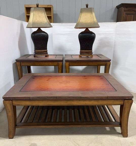 Matching Coffee Table and (2) Side Tables; Pair of Lamps- 33"H