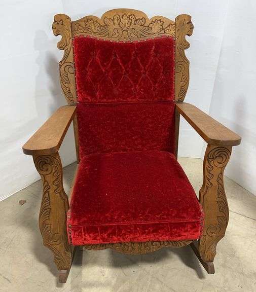 Antique ornate rocking chair, overall- 28"W x 31"D x 38"H, good, fabric will need to be cleaned