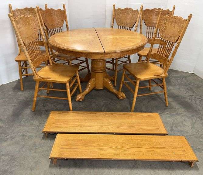 Wooden Pedestal Table with (6) Chairs and (2) Leaves