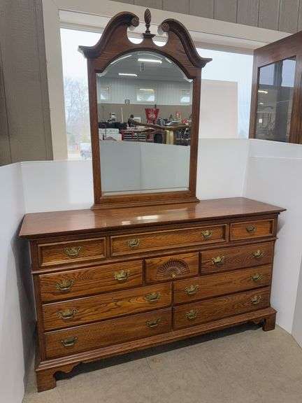Lexington Mfg. 10-Drawer oak wood dresser with mirror, 64"W x 20"D x 36"H, mirror- 33"W x 48"H, nice