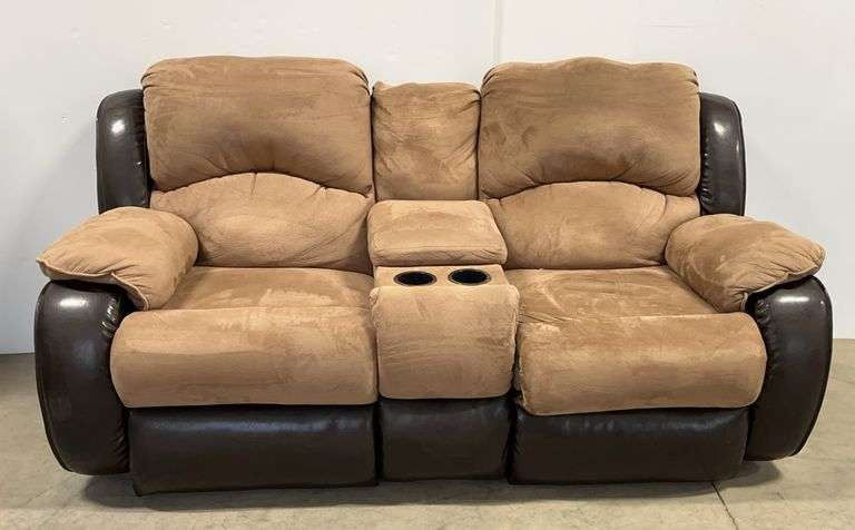 Large brown leather/suede loveseat recliner couch with cup hooks, 78"W, few stains, back corner has rip, needs cleaning, has wear