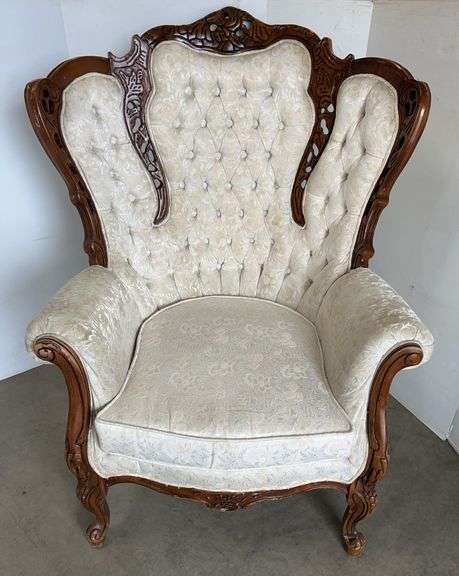 Cream Color American French Style Ornate Carved Upholstered Chair with Tufted Back