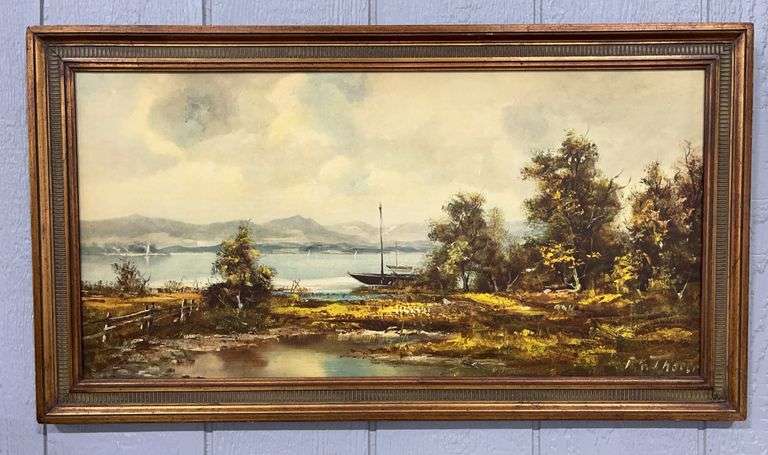 Vintage copy of a landscape painting by Thauer, 33 1/2"W x 18 1/2"H