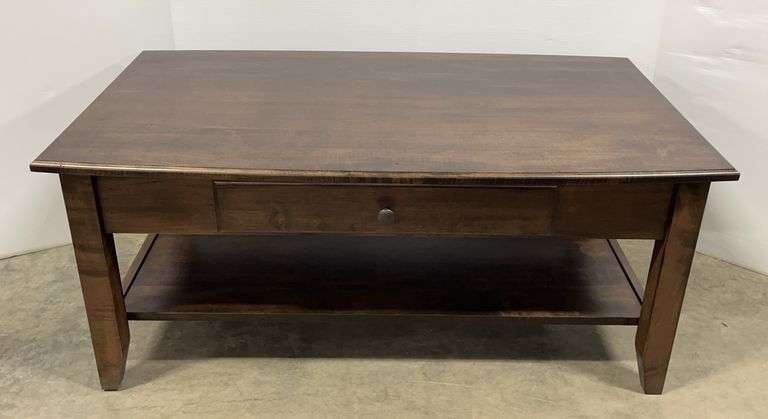 New maple coffee table with drawer, walnut finish, 45"W x 26"D x 19"H
