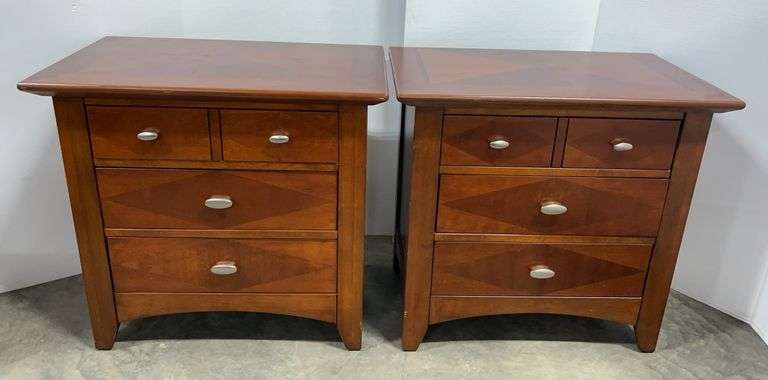 Set of (2) Kathy Ireland Home dark wood 3-drawer felt lined nightstands/end tables, 30"W x 18"D x 28"H, very nice