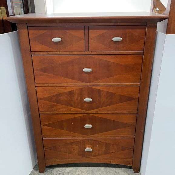Kathy Ireland Home dark wood tall 5-drawer felt lined bedroom dresser, 38"W x 19"D x 52"H, very nice
