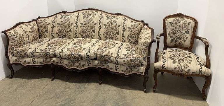 "Antique sofa, 5'W, wood cracked on sofa arm, looks repaired, fabric is ripped; Side chair, 22 1/2"W, fabric has stains on both