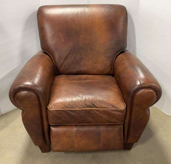 Recliner chair, leather, 41"W x 35"D x 42"H, solid, repaired, has wear