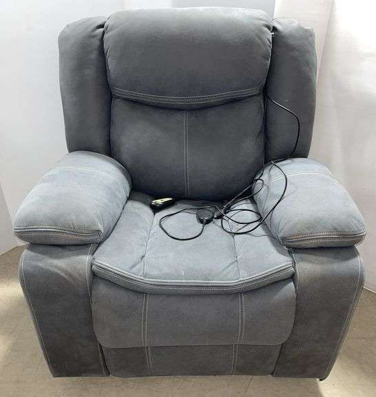 Power recliner, blue/gray suede, 39"W x 33"D x 41"H at the base, remote for reclining and footrest works, cannot get the massage/heat remote to work