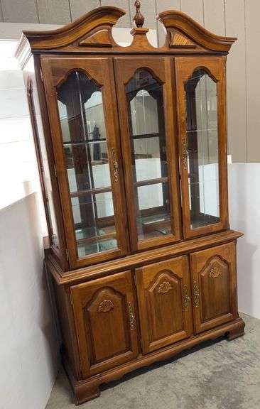 2-Piece Real Wood Curio Cabinet Hutch: Adjustable Glass Shelves; Bottom Shelves; Lighted; and (1) Drawer