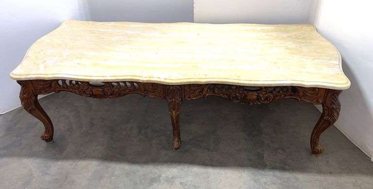 American French Style Marble Top Coffee Cocktail Table with Ornate Carved Legs