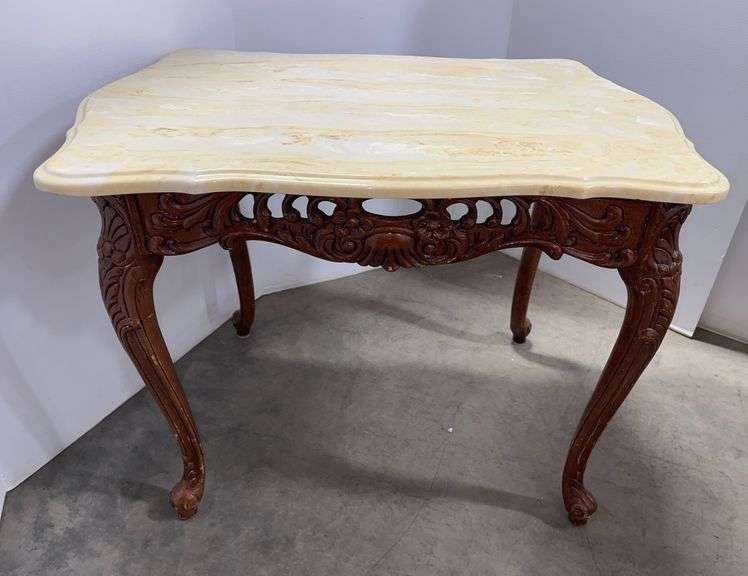 American French Style Marble Top Ornate Carved Accent End Tables