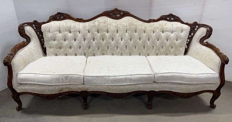 Cream Color American French Style Ornate Carved Upholstered Sofa with Tufted Back