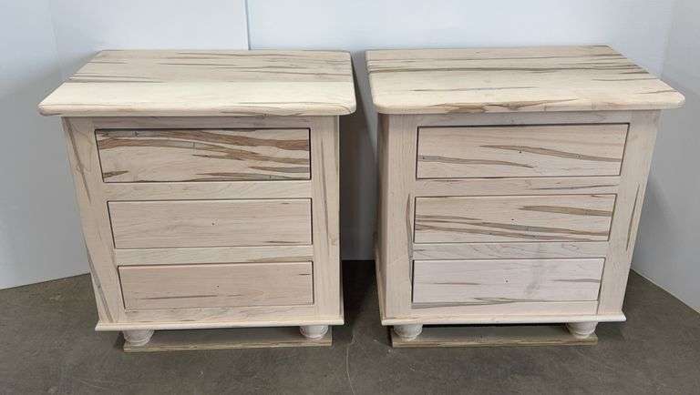 New pair of maple 3-drawer nightstands, 26"W x 17 1/2'D x 27"H, unfinished, knobs are in drawer