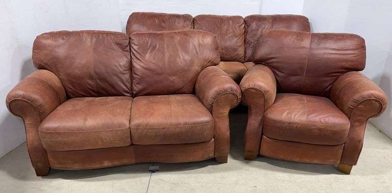 Older leather couch, loveseat, and chair, couch- 84"W x 41"D x 37"H, good, used, some wear from use
