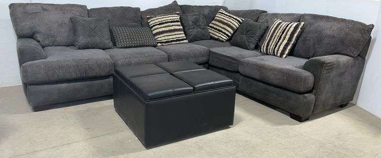 L-Shaped Couch with Ottoman, (1) 8' Section, (1) 7' Section, Ottoman Holds Footstools, Tops Turn Over to Tables, (6) Pillows
