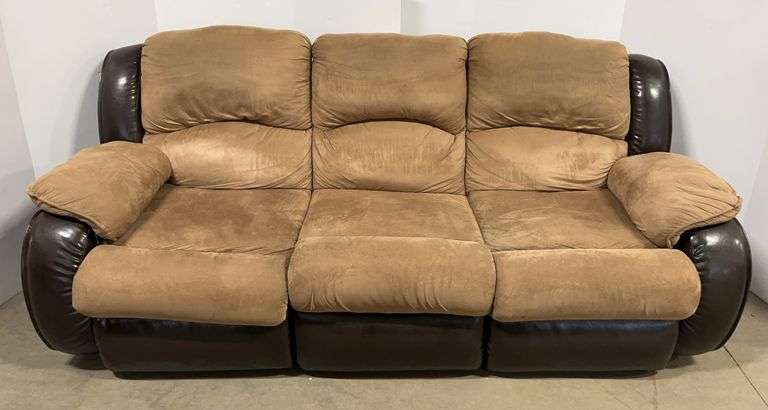 3-Seater brown leather/suede recliner couch, 87"W, few stains, back corner has rips, needs cleaning, has wear
