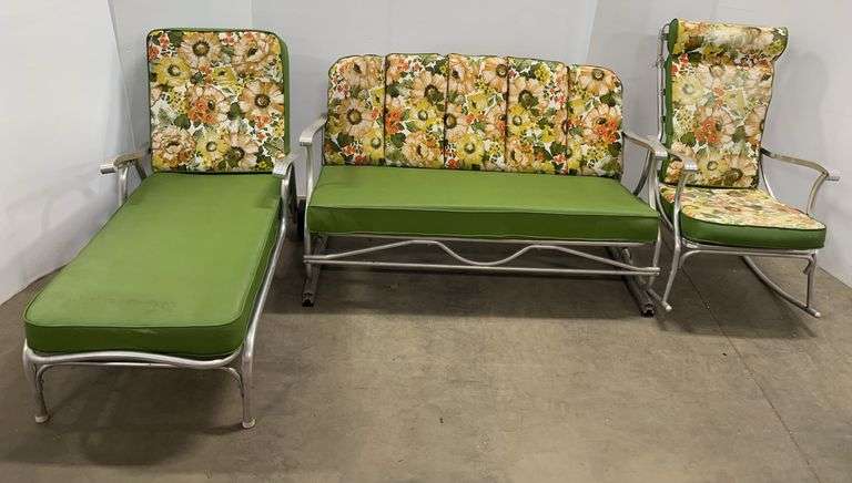 3-Piece Set of MCM Green Aluminum Sunroom Furniture: Includes 1- Loveseat, 1- Lounger, and 1- Chair with Padded Cushions