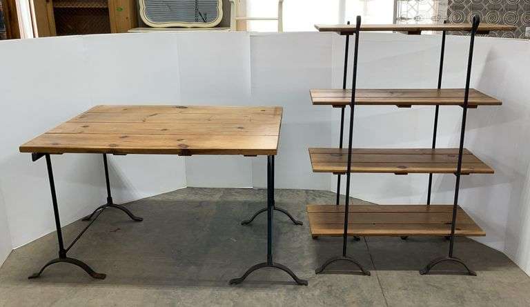 (2)-Piece Set of Wood and Wrought Iron Furniture: 1- Table, and 1- 4-Tier Shelving Unit