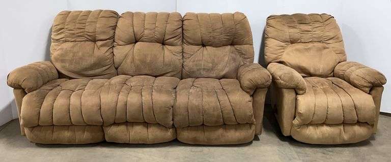 (3)-Piece Set of Brown Living Room Furniture: 1- Sofa, 1- Chair, and 1- Dual Reclining Chair Rocker / Recliner