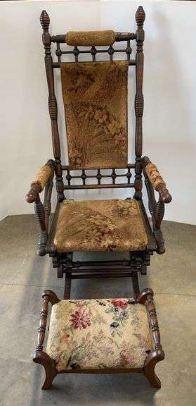 Antique Walnut Platform Glider Rocking Chair: All Original Parts with Original Upholstery, from Late 1800s, Comes with Antique Foot Stool, may have been updated at one point