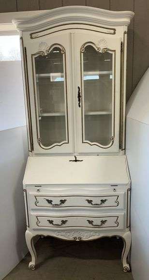 French Provincial Secretary Desk with Bookshelf: Very Heavy and Solid, Factory White Paint, Has Key to Lock and Unlock