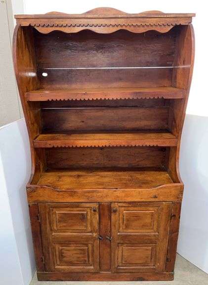 Handmade Primitive 1-Piece Dry Sink Display Cupboard: Hand Carved Fretwork, Original Door Knobs, and Square Nail Construction