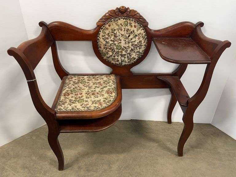 Mahogany Telephone / Gossip Bench with Tapestry Back