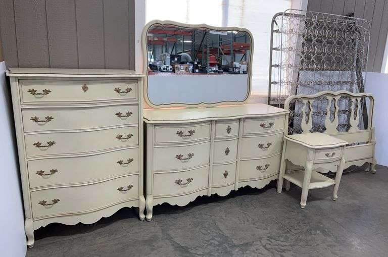 Antique French Provincial Bedroom Set: 2- Dressers (1 with Mirror), 1- Side Table, and 1- Bed/Headboard with Steel Box Spring