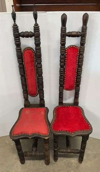 (2) Older Red Velvet Art Deco Parlor Chairs: Skinny High Back, Not Matching