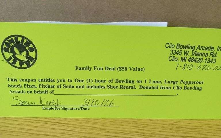 Gift Certificate for Bowling, Pizza, and Soda
