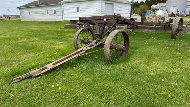 Antique Steel Wheel Wagon Gear, Rears are 36" diameter, Fronts are 31" diameter, Frame is 14' x 48"