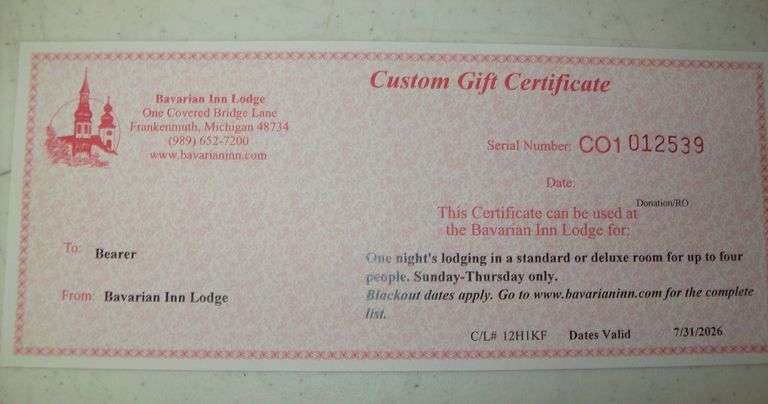 Gift Certificate for 1-Night Stay, Expires 7/31/26