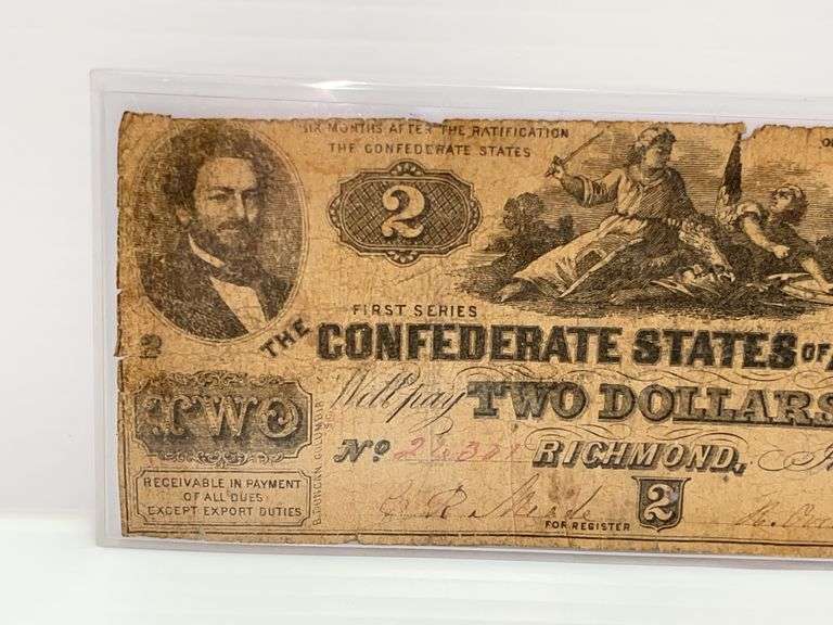 1862 Civil War Era Confederate States of America $2 Bill, Scarce ...